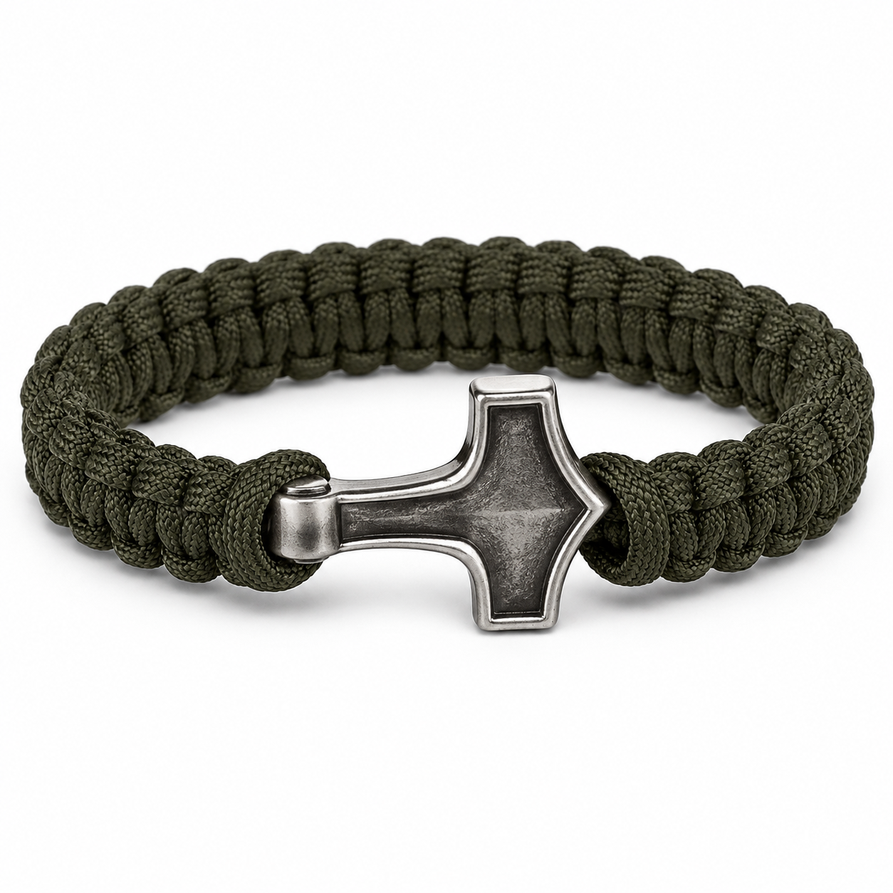 Men's army-green Thor's Hammer braided bracelet on white
