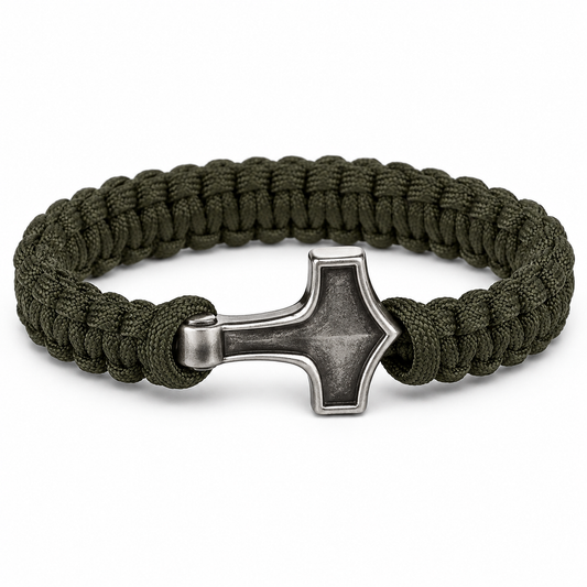 Men's army-green Thor's Hammer braided bracelet on white