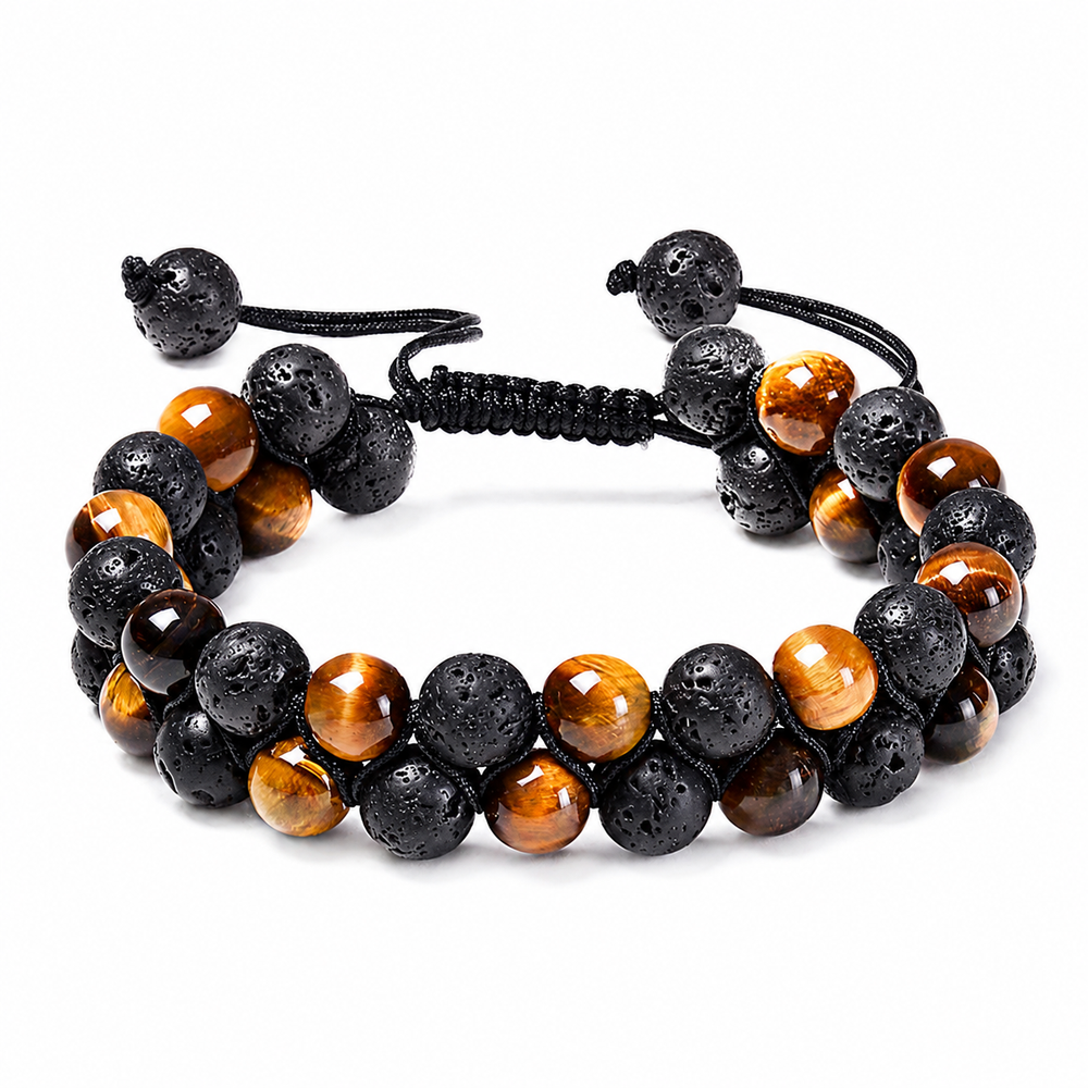 Double-Row Tiger Eye & Lava Bracelet on white background