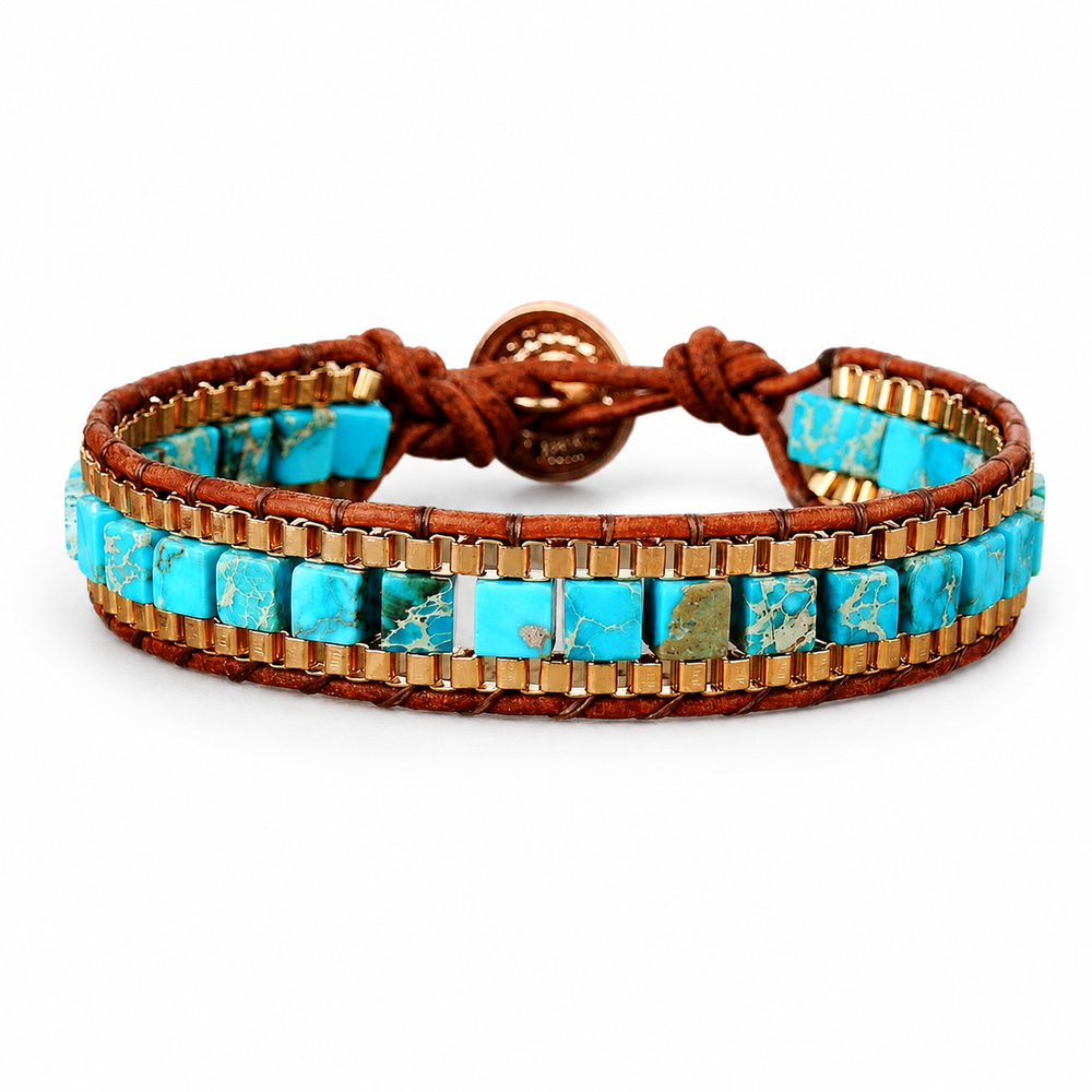 Turquoise-Colour Stone Leather Wrap Bracelet on a pure white background