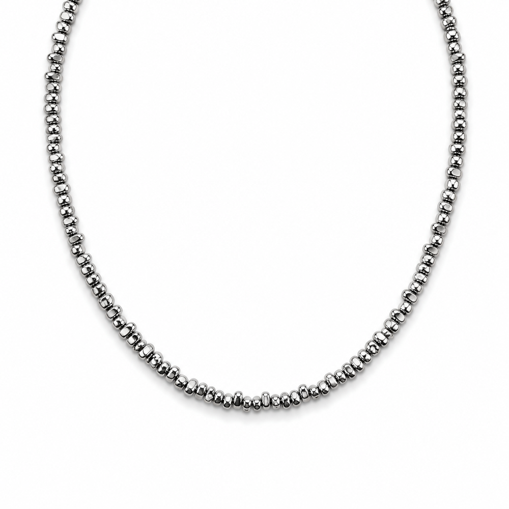 Men's silver twisted bead chain necklace on white