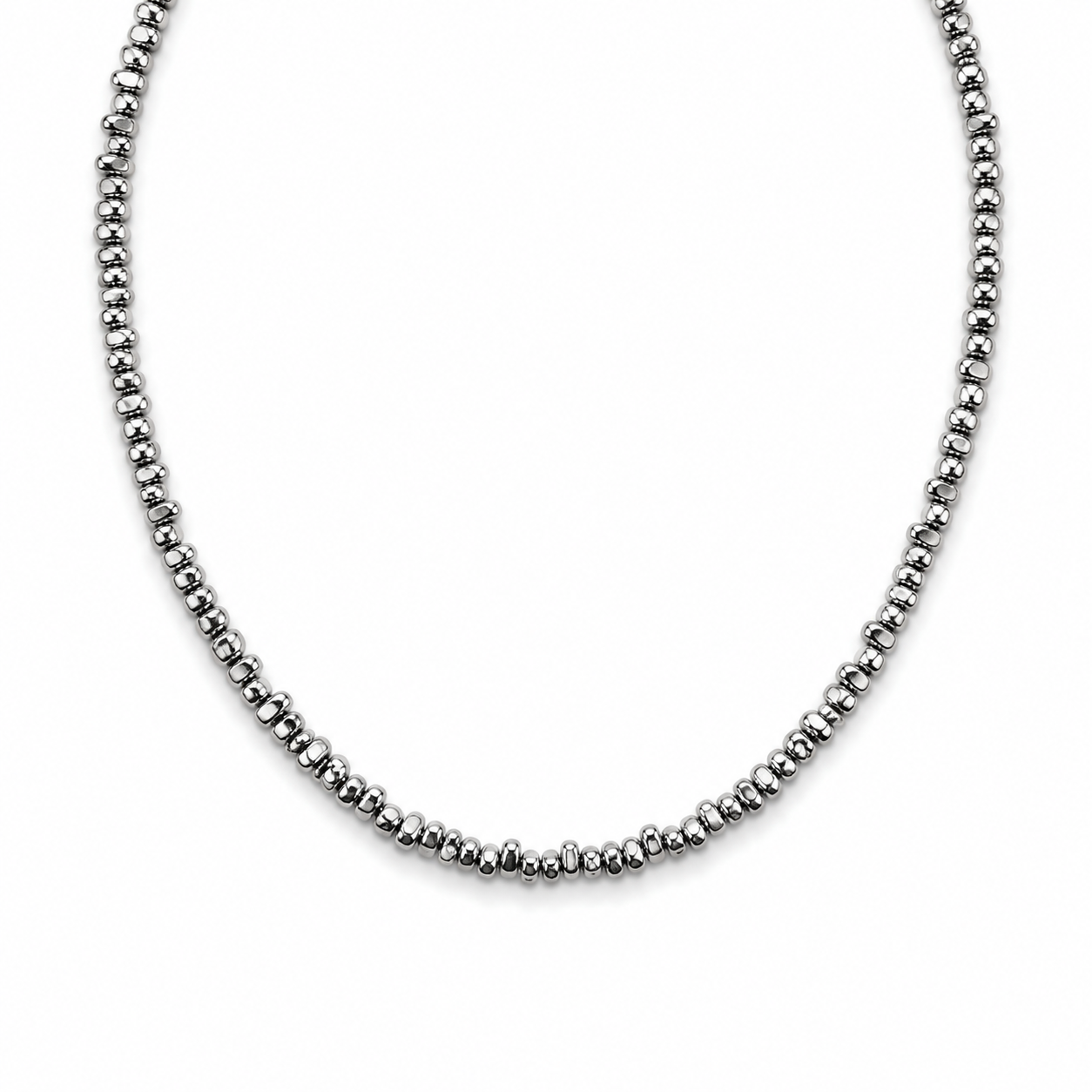 Men's silver twisted bead chain necklace on white