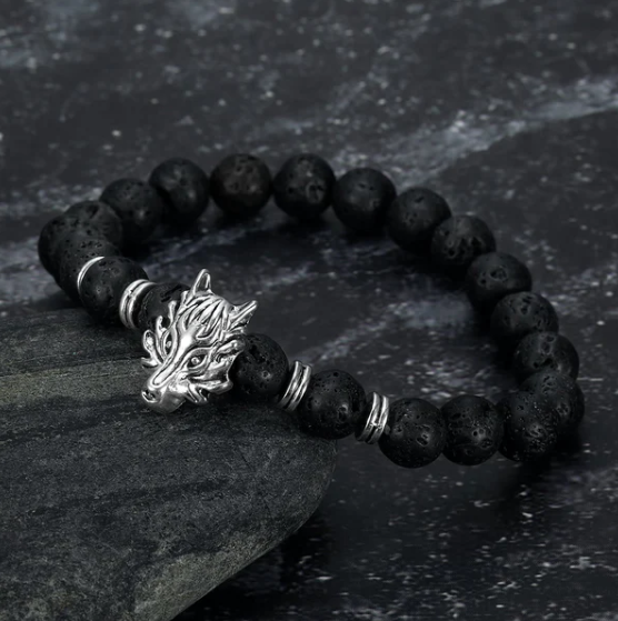 Grey Wolf & Lava Stone Bracelet – image 2