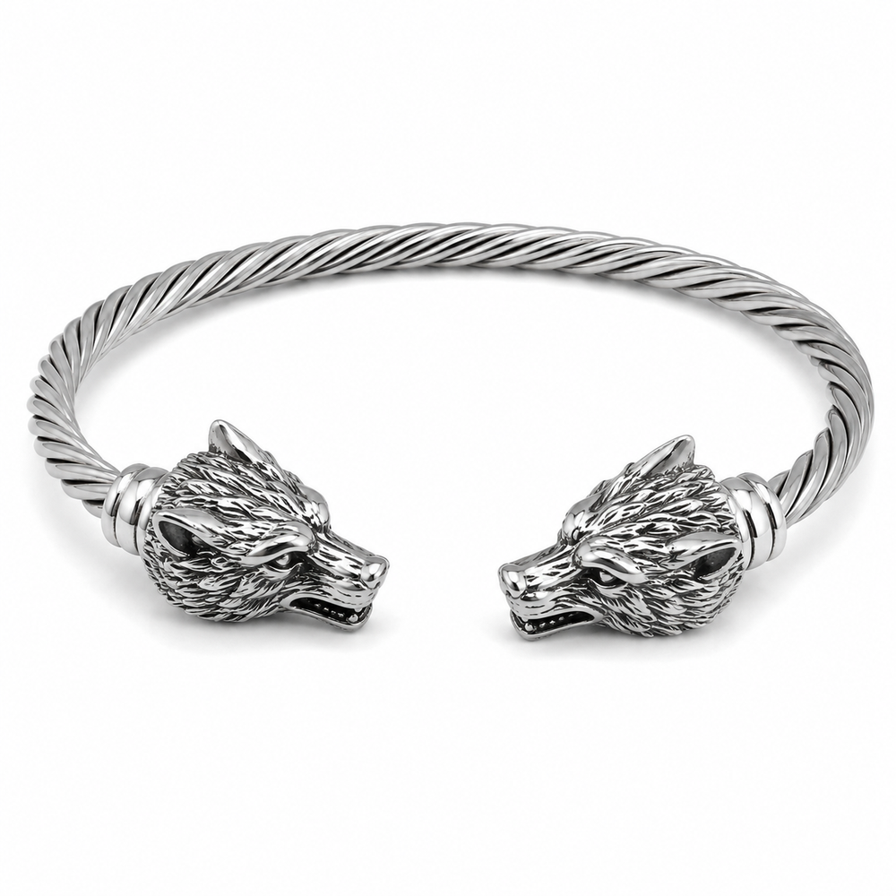 Men's stainless steel wolf torc bracelet on white background
