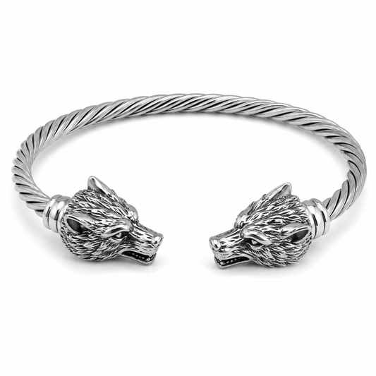 Men's stainless steel wolf torc bracelet on white background