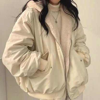 Women’s Faux-Fur-Lined Hooded Bomber Jacket – Oversized Korean-Style Winter Layer with Zip Front and Ribbed Trim