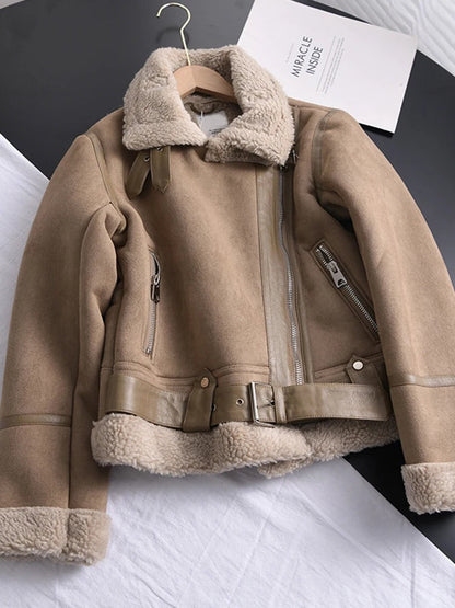 Women’s Shearling-Lined Aviator Jacket – Cropped Belted Layer for Statement Winter Styling