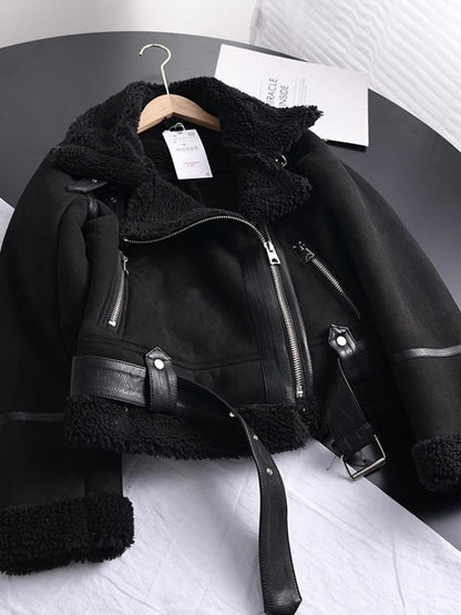 Women’s Shearling-Lined Aviator Jacket – Cropped Belted Layer for Statement Winter Styling