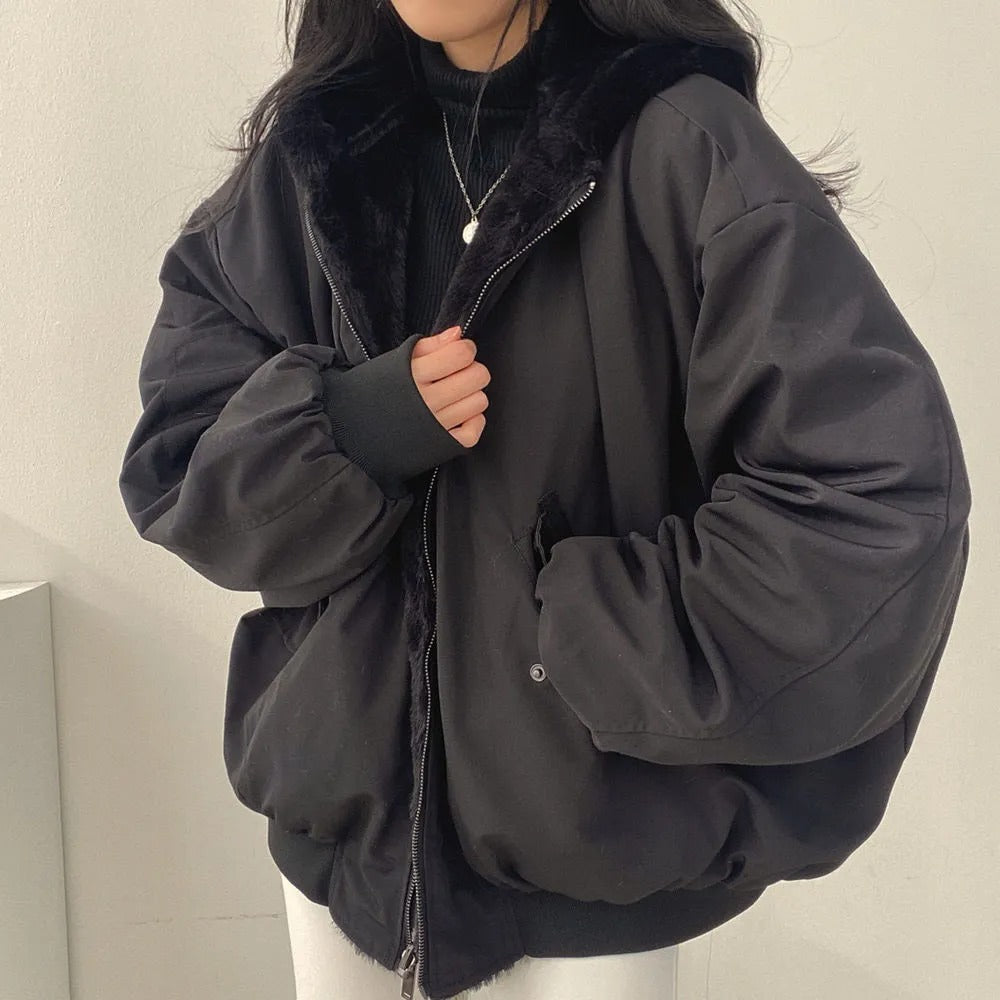 Women’s Faux-Fur-Lined Hooded Bomber Jacket – Oversized Korean-Style Winter Layer with Zip Front and Ribbed Trim