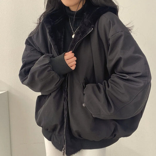 Women’s Faux-Fur-Lined Hooded Bomber Jacket – Oversized Korean-Style Winter Layer with Zip Front and Ribbed Trim
