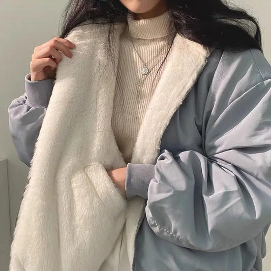 Women’s Faux-Fur-Lined Hooded Bomber Jacket – Oversized Korean-Style Winter Layer with Zip Front and Ribbed Trim