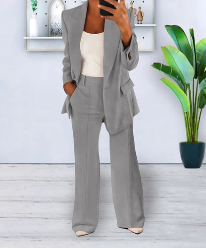 Women’s Two-Piece Set – Lapel-Collar Top with Wide-Leg Trousers