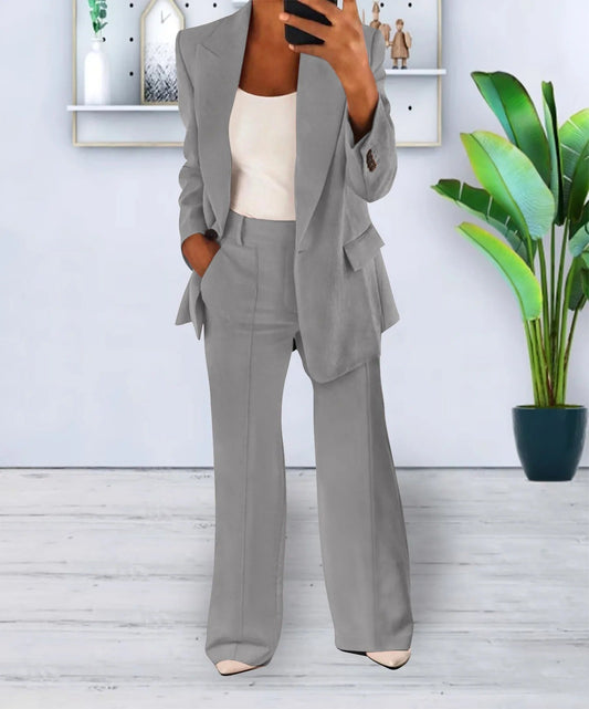 Women’s Two-Piece Set – Lapel-Collar Top with Wide-Leg Trousers