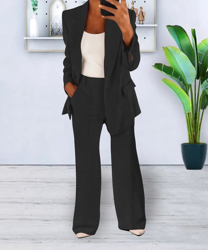 Women’s Two-Piece Set – Open Blazer with Wide Pleat-Front Trousers