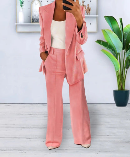 Women’s Two-Piece Set – Open Blazer with Wide Pleat-Front Trousers