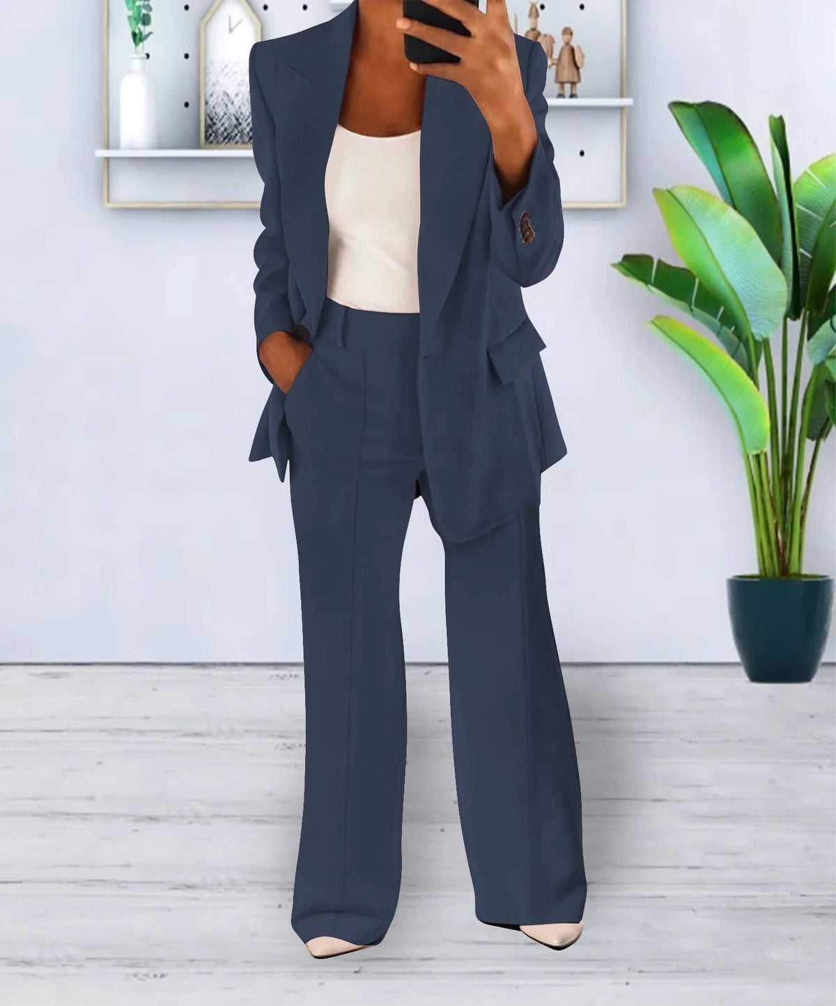 Women’s Two-Piece Set – Lapel-Collar Top with Wide-Leg Trousers