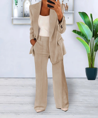 Women’s Two-Piece Set – Lapel-Collar Top with Wide-Leg Trousers