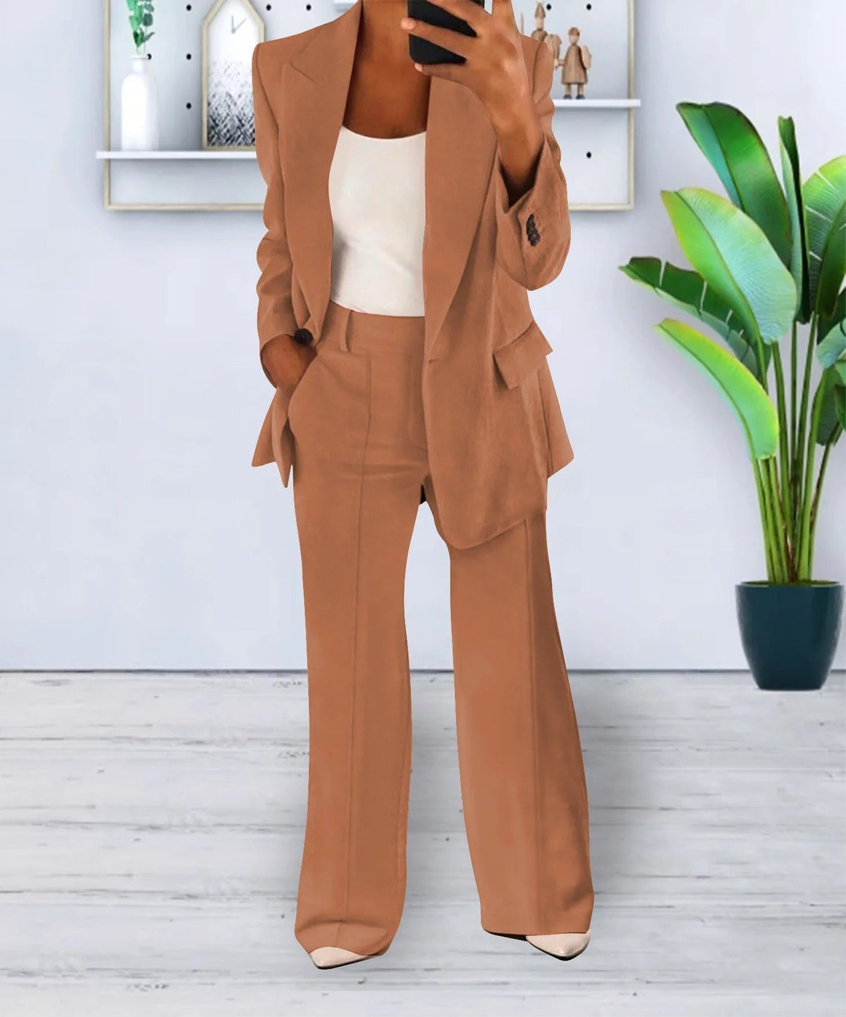 Women’s Two-Piece Set – Open Blazer with Wide Pleat-Front Trousers