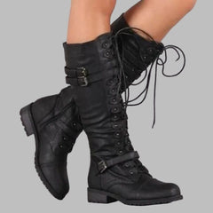 Women’s Leather Lace-Up Boots – Mid-Calf Buckle Boots with Low Block Heel for Autumn and Winter Wear