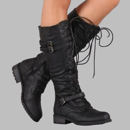 Women’s Leather Lace-Up Boots – Mid-Calf Buckle Boots with Low Block Heel for Autumn and Winter Wear