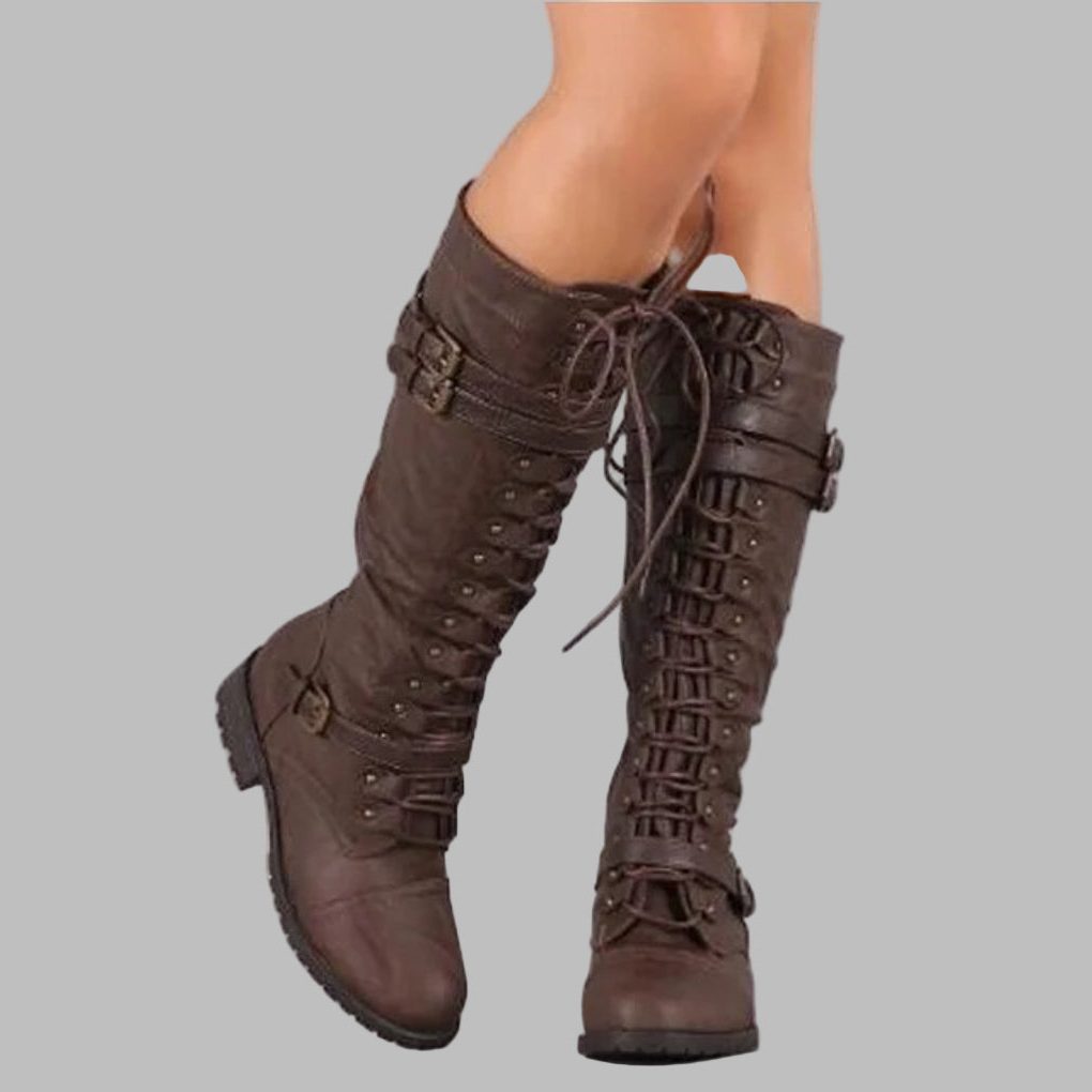 Women’s Leather Lace-Up Boots – Mid-Calf Buckle Boots with Low Block Heel for Autumn and Winter Wear