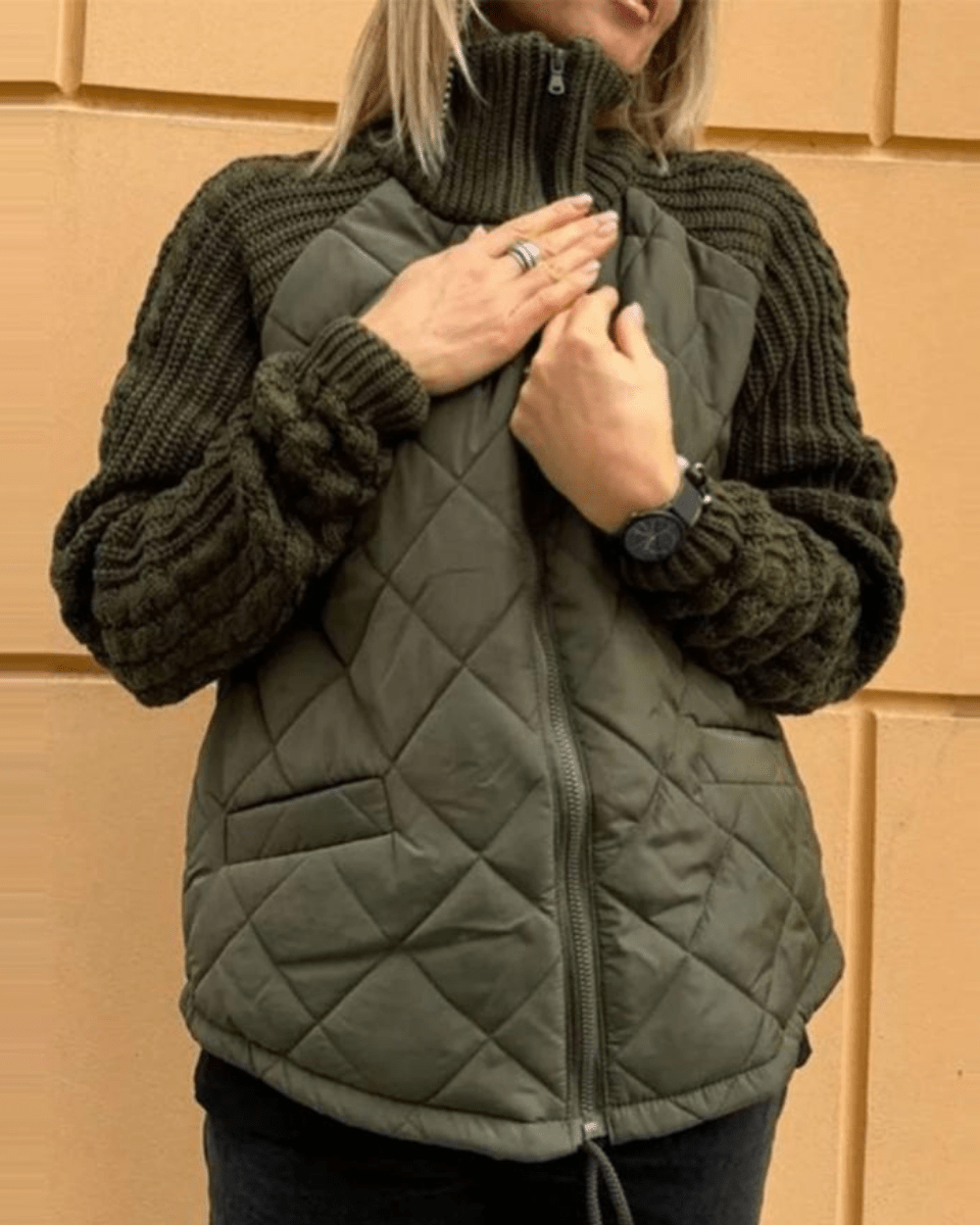 Women’s Quilted Jacket – Diamond-Quilted Jacket with Cable-Knit Sleeves