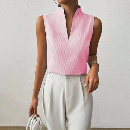 Women’s Stand-Collar Blouse – Sleeveless Striped Summer Top for Office and Everyday Wear