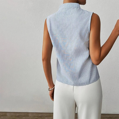 Women’s Stand-Collar Blouse – Sleeveless Striped Summer Top for Office and Everyday Wear