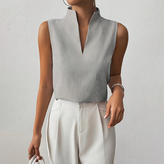 Women’s Stand-Collar Blouse – Sleeveless Striped Summer Top for Office and Everyday Wear