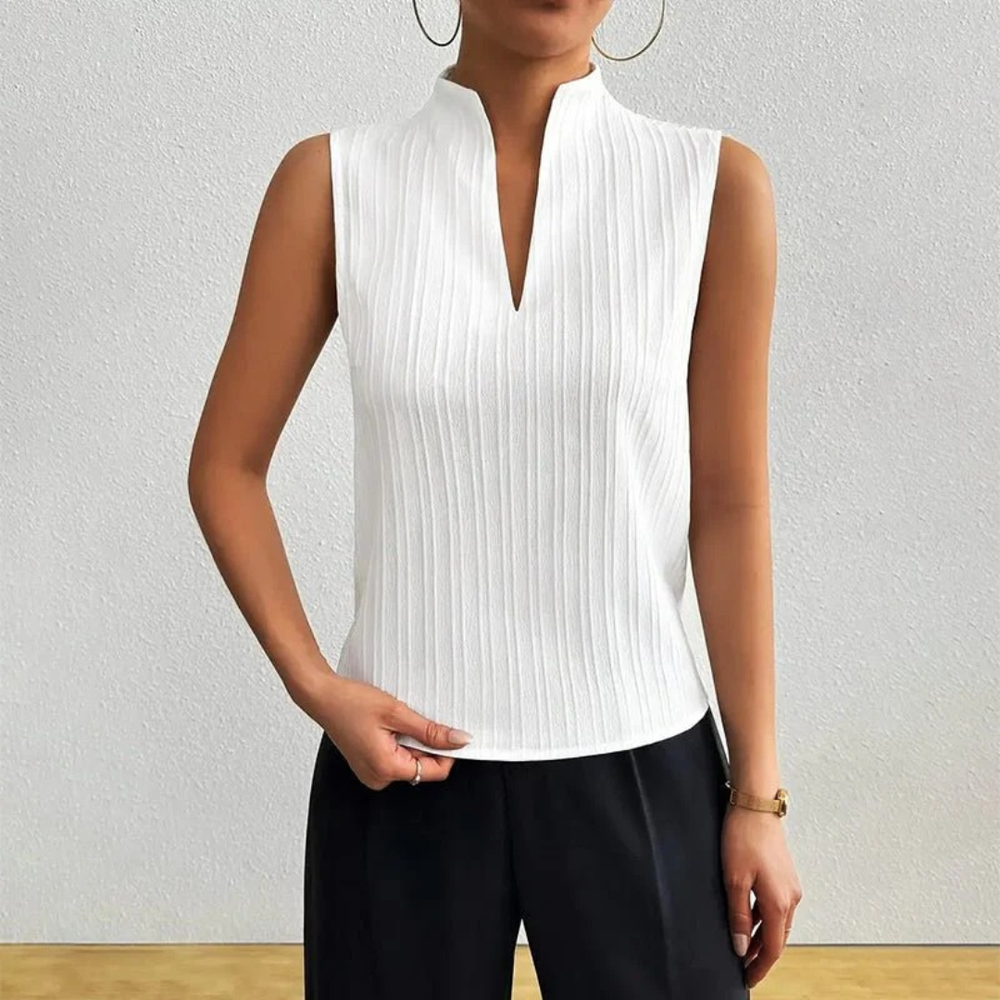 Women’s Stand-Collar Blouse – Sleeveless Striped Summer Top for Office and Everyday Wear