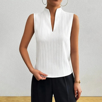 Women’s Stand-Collar Blouse – Sleeveless Striped Summer Top for Office and Everyday Wear