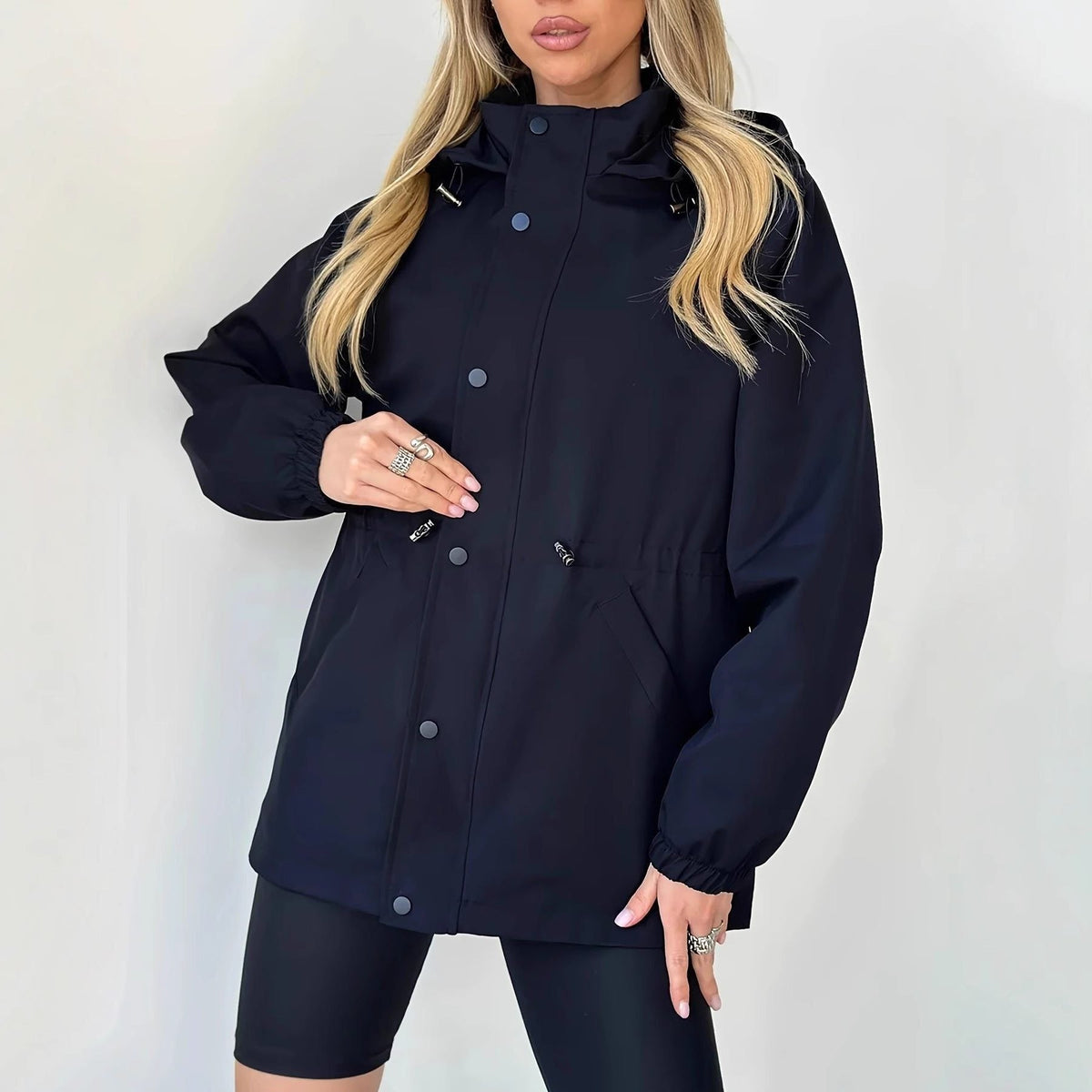 Women’s Waterproof Hooded Rain Jacket – Adjustable-Waist Parka with Snap Front and Side Pockets