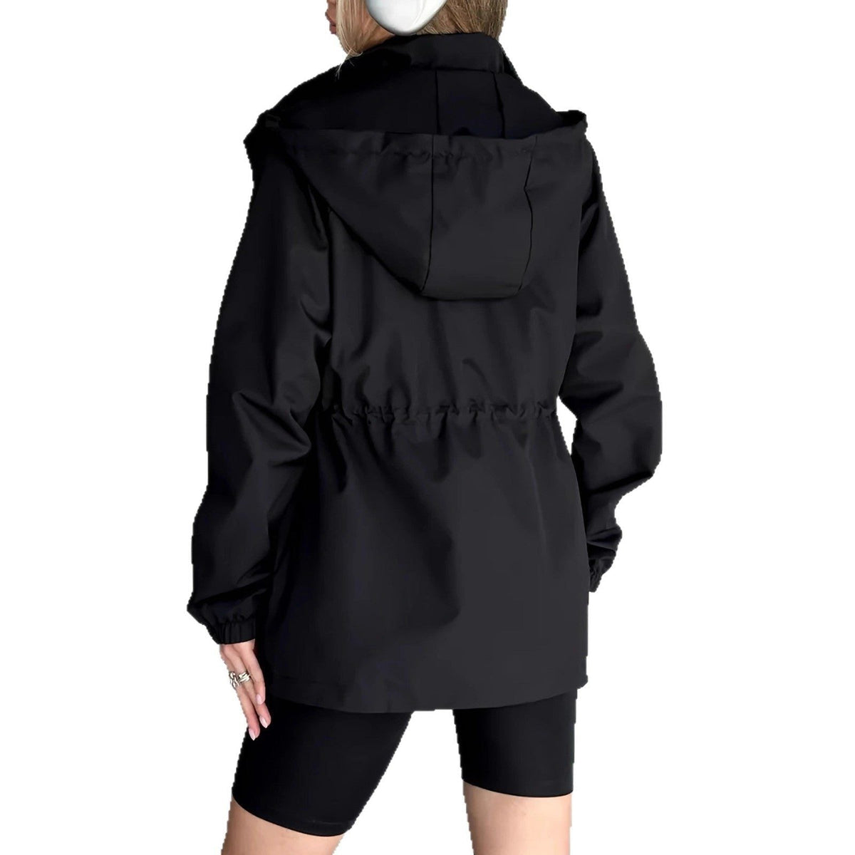 Women’s Waterproof Hooded Rain Jacket – Adjustable-Waist Parka with Snap Front and Side Pockets