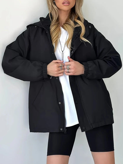 Women’s Waterproof Hooded Rain Jacket – Adjustable-Waist Parka with Snap Front and Side Pockets
