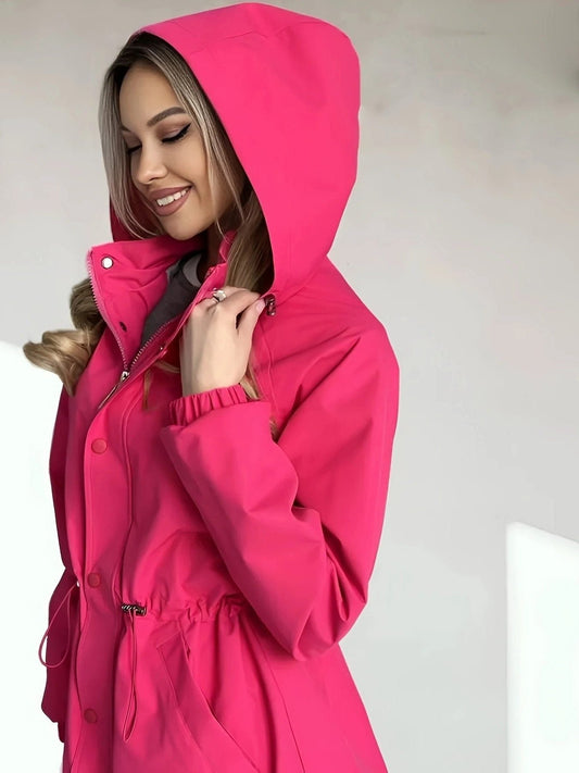 Women’s Waterproof Hooded Rain Jacket – Adjustable-Waist Parka with Snap Front and Side Pockets