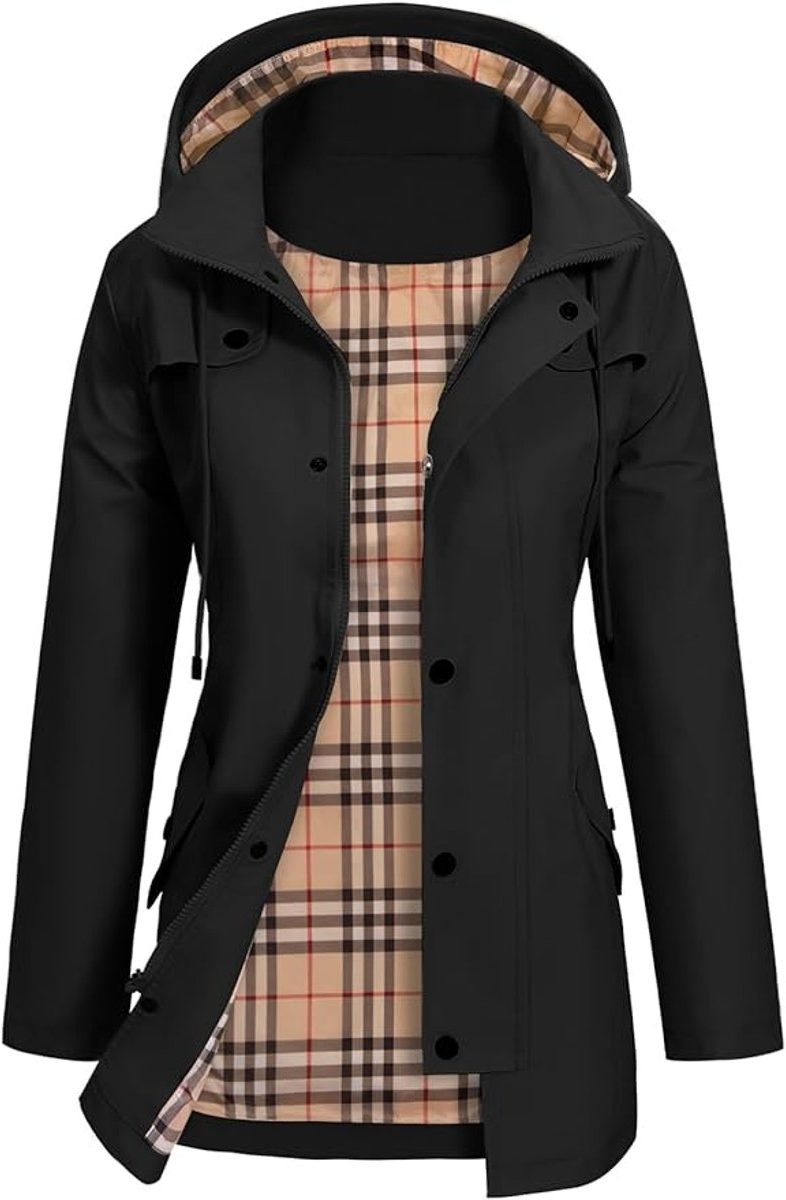 Women’s Waterproof Hooded Raincoat – Fitted Mid-Length Jacket with Storm Flap and Utility Pockets for Wet-Weather Wear