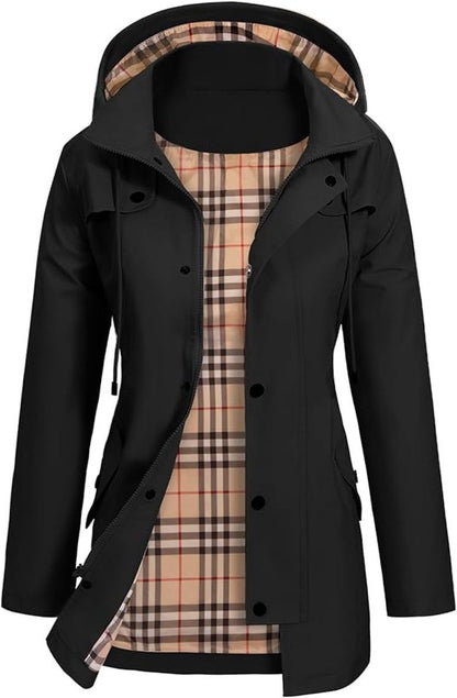 Women’s Waterproof Hooded Raincoat – Fitted Mid-Length Jacket with Storm Flap and Utility Pockets for Wet-Weather Wear