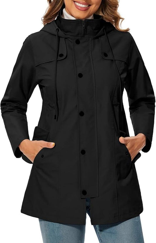 Women’s Waterproof Hooded Raincoat – Fitted Mid-Length Jacket with Storm Flap and Utility Pockets for Wet-Weather Wear