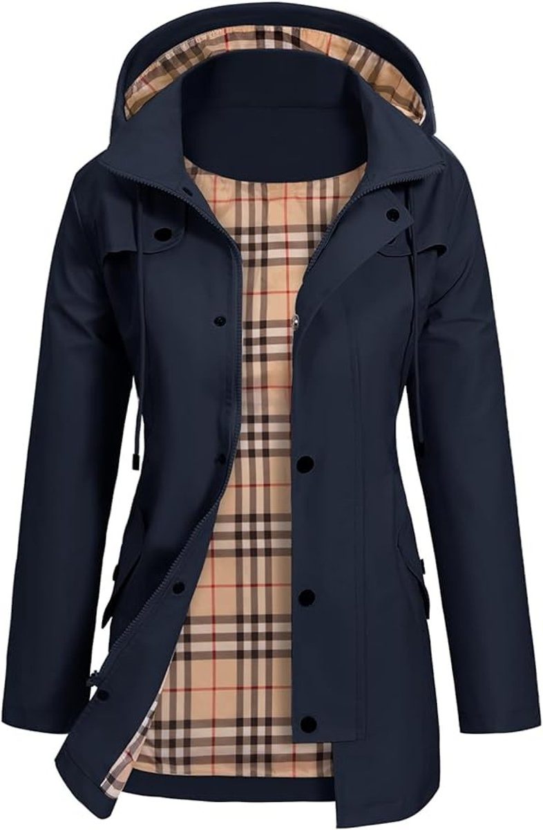 Women’s Waterproof Hooded Raincoat – Fitted Mid-Length Jacket with Storm Flap and Utility Pockets for Wet-Weather Wear