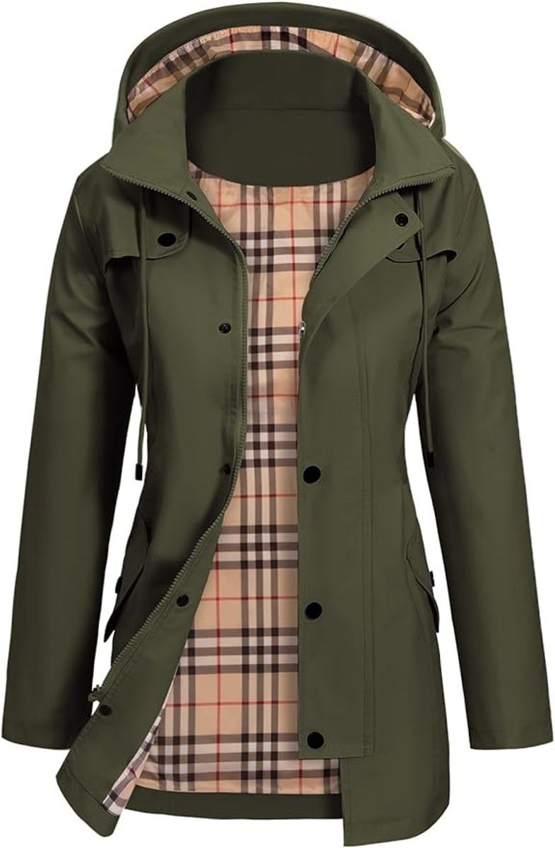 Women’s Waterproof Hooded Raincoat – Fitted Mid-Length Jacket with Storm Flap and Utility Pockets for Wet-Weather Wear
