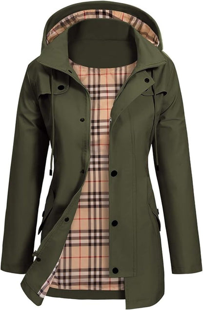 Women’s Waterproof Hooded Raincoat – Fitted Mid-Length Jacket with Storm Flap and Utility Pockets for Wet-Weather Wear