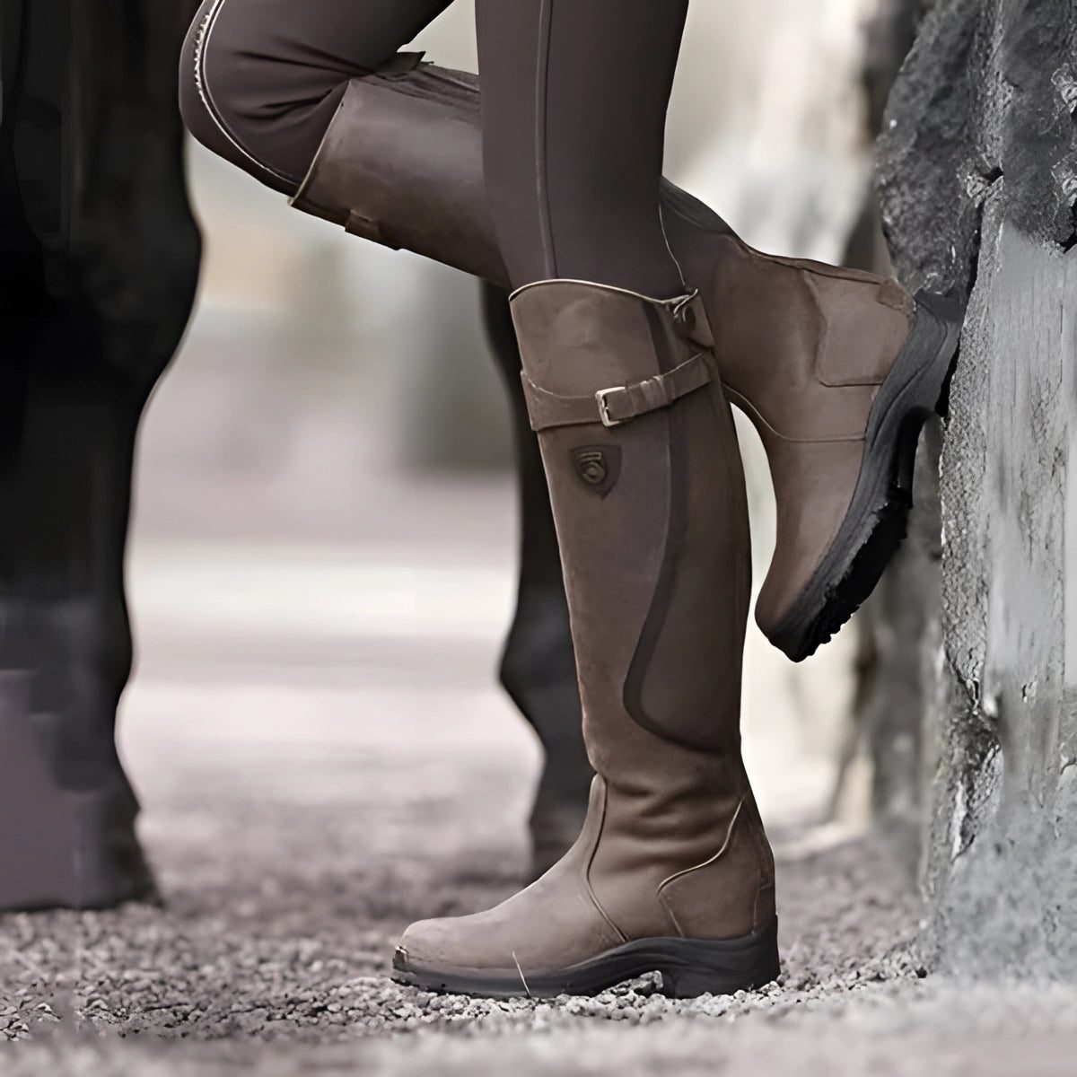 Women’s Waterproof Knee-High Riding Boots – Adjustable Buckle Boots with Lug Sole for Wet-Weather Wear