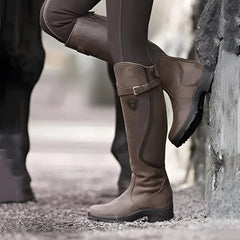 Women’s Waterproof Knee-High Riding Boots – Adjustable Buckle Boots with Lug Sole for Wet-Weather Wear