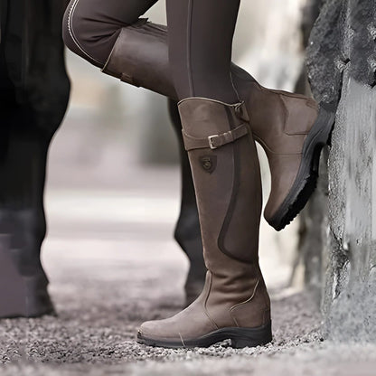 Women’s Waterproof Knee-High Riding Boots – Adjustable Buckle Boots with Lug Sole for Wet-Weather Wear