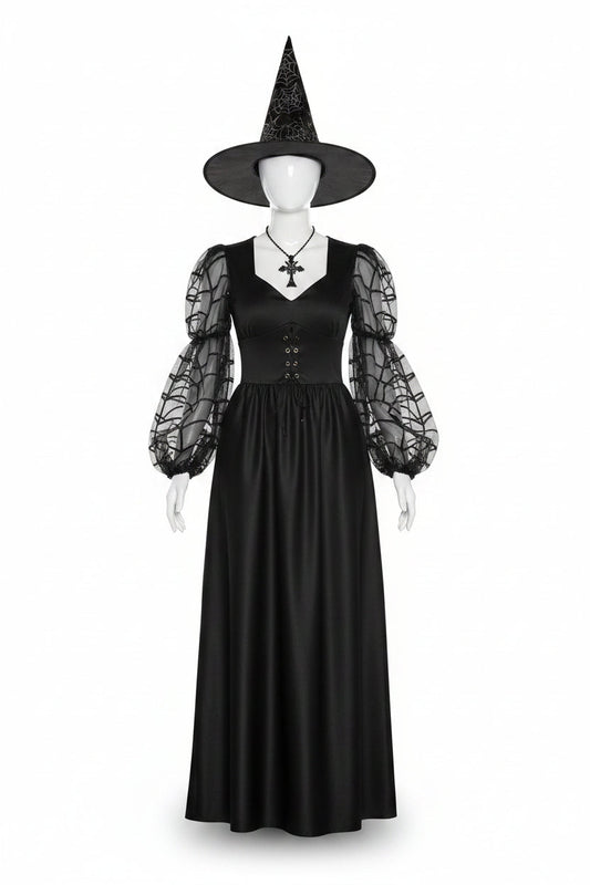Women's Black Spiderweb Sleeve Witch Dress and Hat Halloween Costume