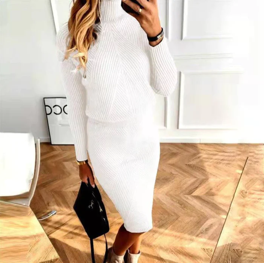 Women’s Directional Rib Knit Skirt Set – V-Neck Long-Sleeve Jumper with Fitted Midi Skirt for Smart Casual Wear