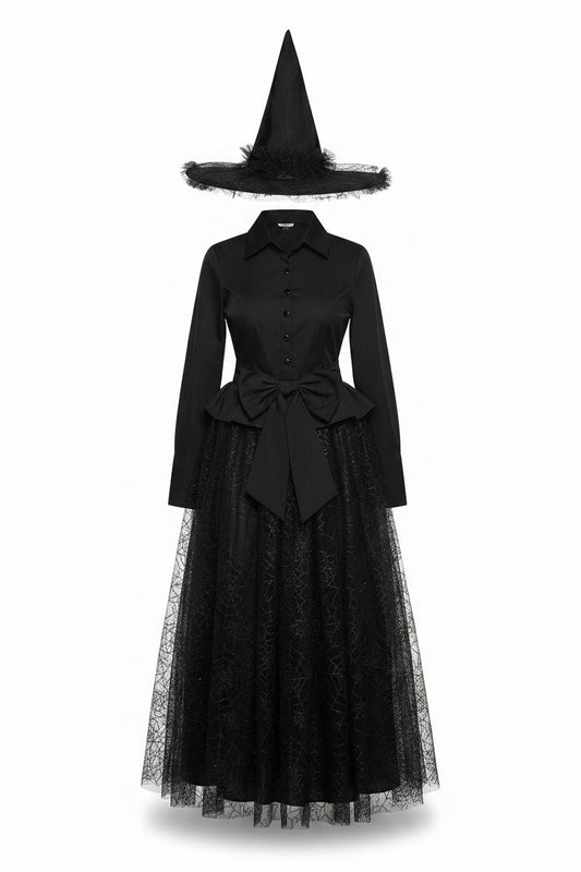 Women's Black Spiderweb Lace Witch Dress and Hat Halloween Costume
