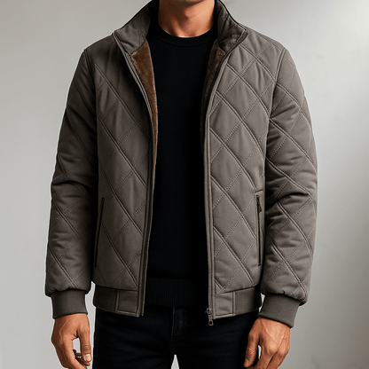 Men’s Diamond-Quilted Winter Jacket – Fleece-Lined Zip-Up Coat with Stand Collar and Secure Pockets for Everyday Wear