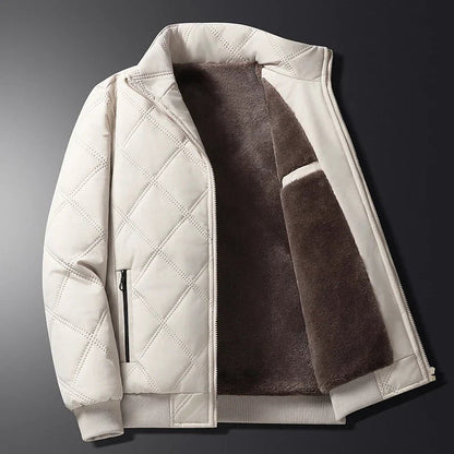 Men’s Diamond-Quilted Winter Jacket – Fleece-Lined Zip-Up Coat with Stand Collar and Secure Pockets for Everyday Wear