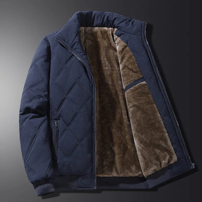 Men’s Diamond-Quilted Winter Jacket – Fleece-Lined Zip-Up Coat with Stand Collar and Secure Pockets for Everyday Wear